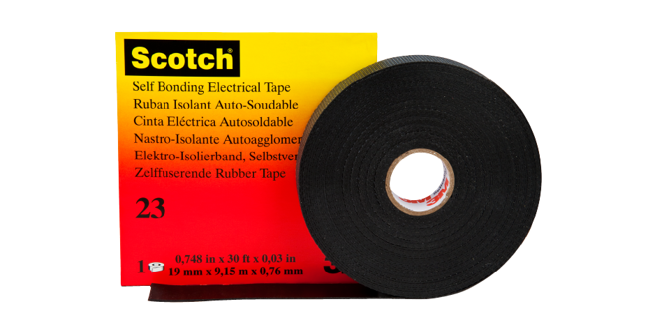  Cinta aislante autofusionable Scotch 23 en rollo negro junto a su caja amarilla y roja.
