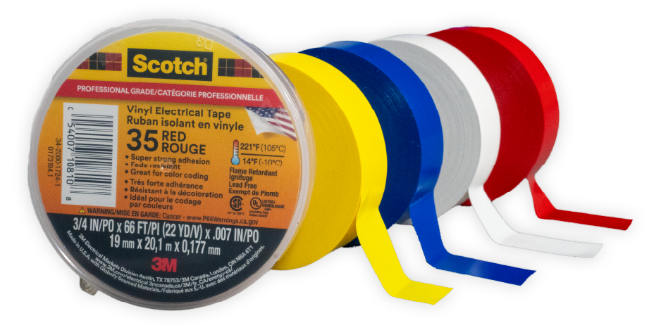 Cintas aislantes de vinilo 3M Scotch en varios colores alineadas, con un rollo rojo en primer plano.
