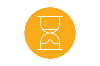 Icon of an hourglass on an orange circle
