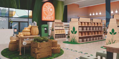  Tiendaminorista com decoraciónecológica, cestas y  estantes, que promueve soluciones gráficas para la imagen de marca.
