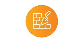 Ícono de construcción con una pared de ladrillos y una paleta de albañil en un círculo naranja.
