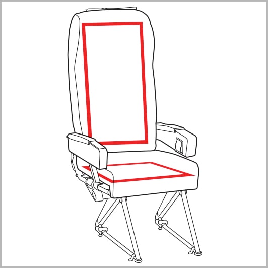 Line drawing of a mass transit seat with red lines where 3M™ Hook and Loop can be used for cushion attachment

