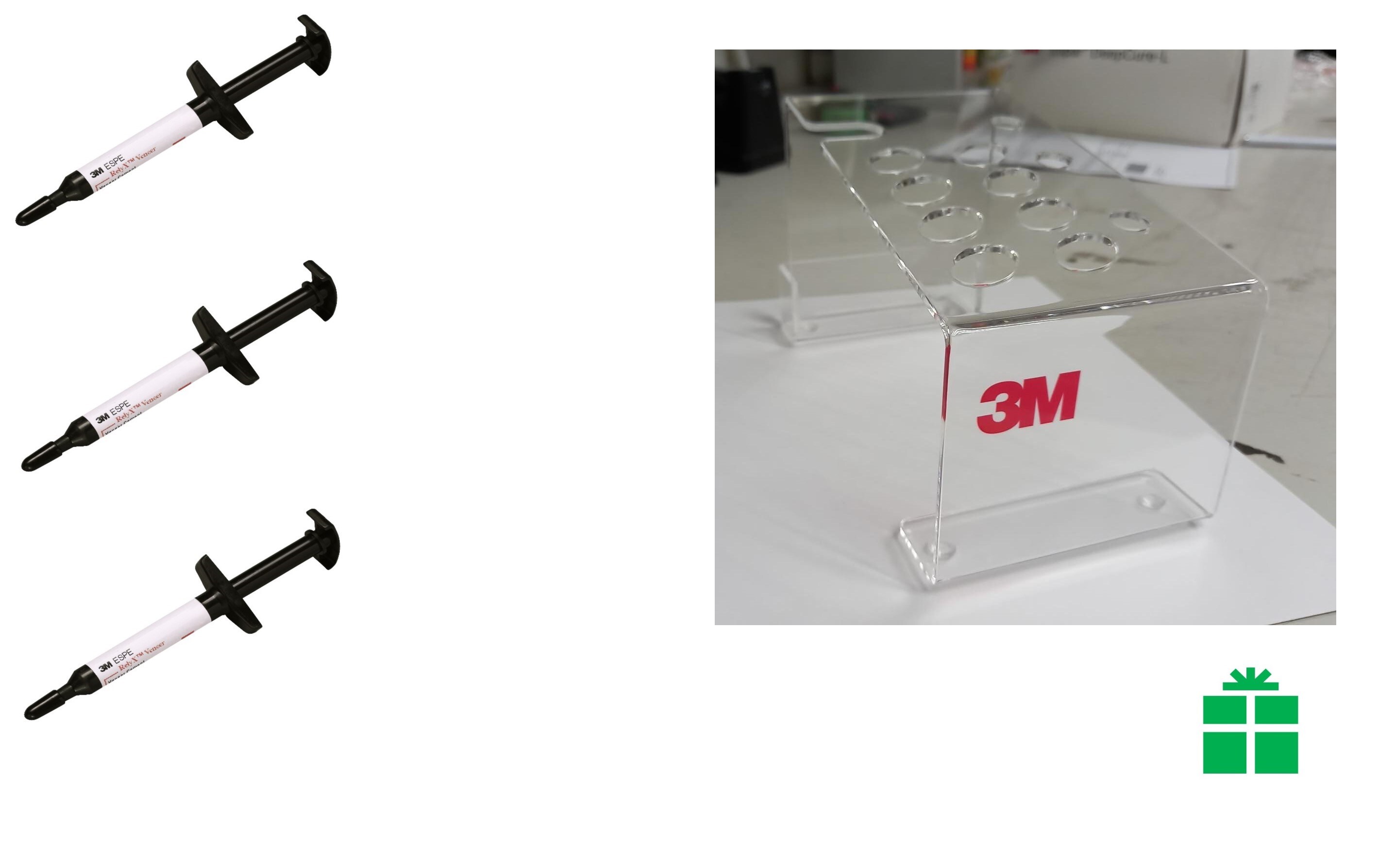 3M&trade; RelyX&trade; Veneer junto a un portajeringas transparente con un ícono de un regalo verde.