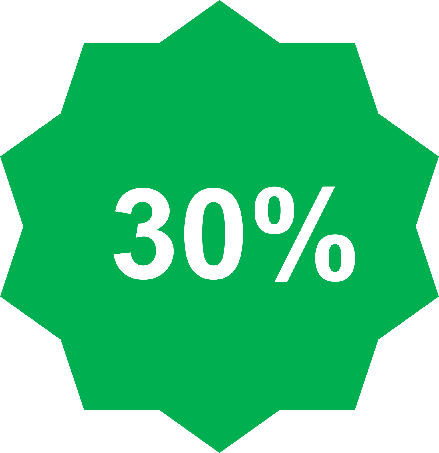 Icono verde de una figura con 20 lados y con un 30% escrito en su interior.