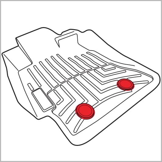 Line drawing of a vehicle floor mat with red dots where 3M™ Hook and Loop can be used to attach to vehicle floor
