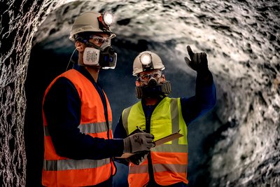 Hombres trabajando en minería con equipo 3M.

