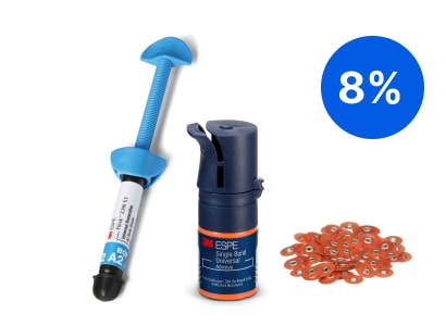 3M™ Filtek™ Z350 XT™, 3M™ Scotchbond™ Universal Plus y 3M™ Filtek™ One Bulk Fill con un ícono de regalo verde.