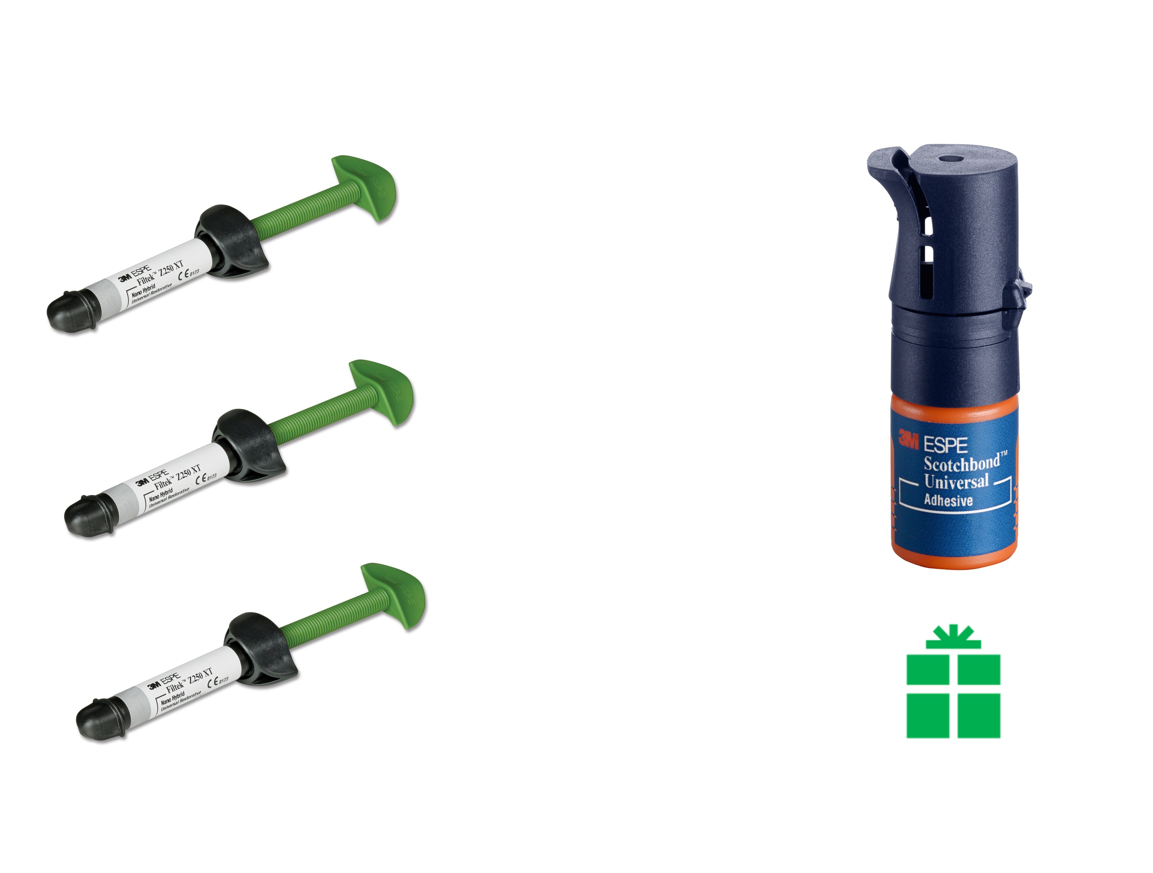 3M™ Filtek™ Z250 XT y 3M™ Single Bond Universal con un ícono de un regalo verde.