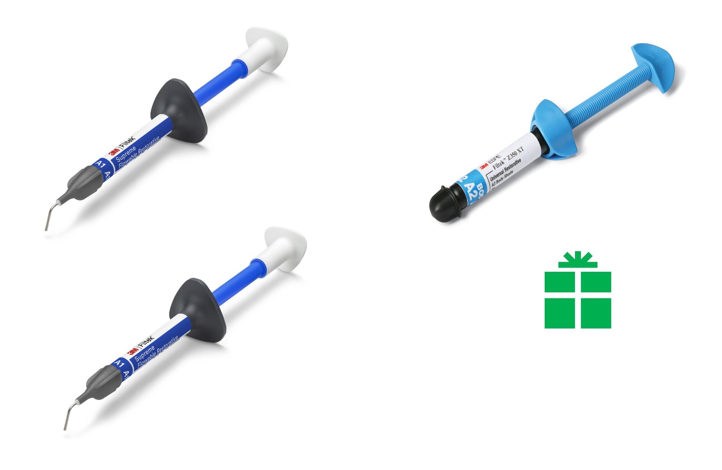 3M™ Filtek™ Supreme Flowable Restorative y 3M™ Filtek™ Z350 XT™ con un ícono de un regalo verde.