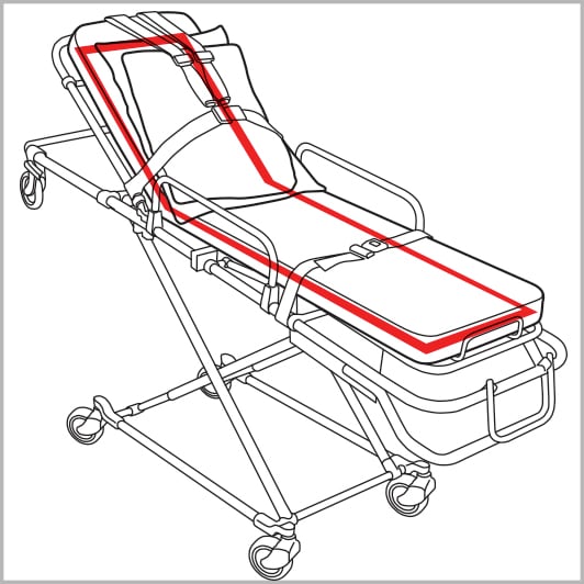 Line drawing of a gurney with red lines where 3M™ Hook and Loop can be used to attach replaceable cushions

